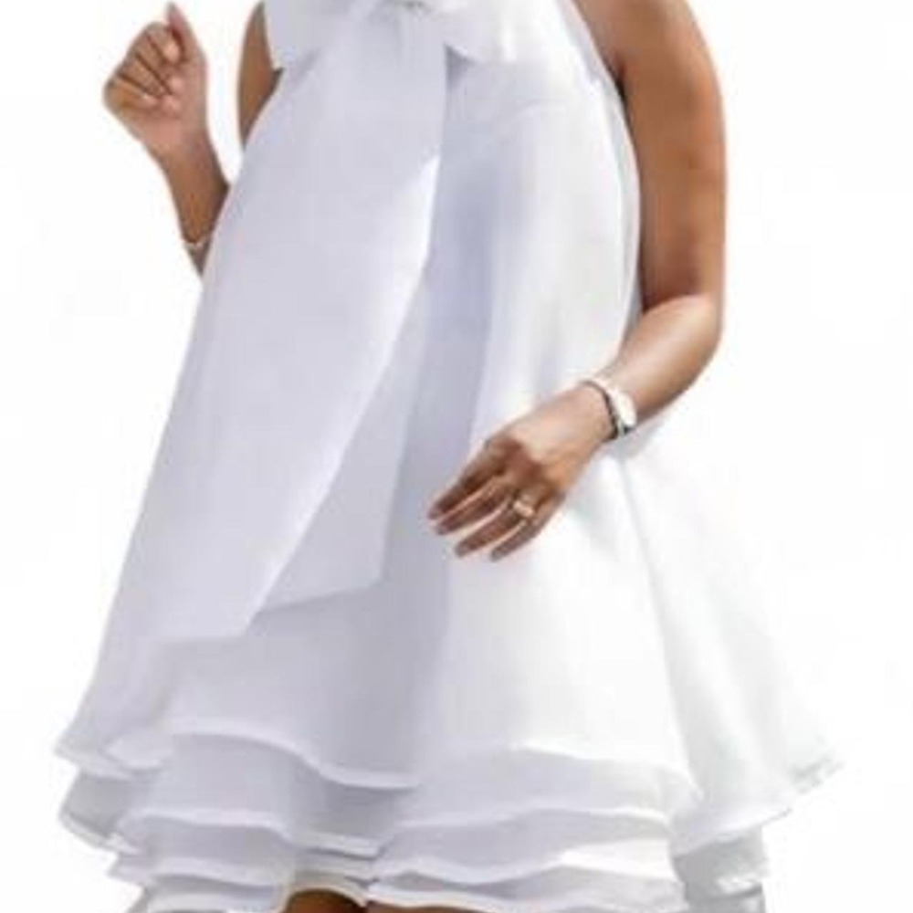 Women's White Halter Neck Mini Dress - Bow Detail Layered Ruffled Hem Sheer